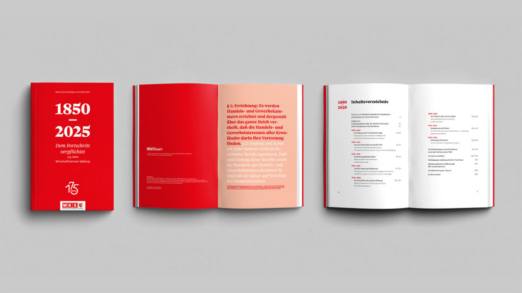 Das Bild zeigt ein rotes Buch mit dem Titel "1850-2025" und einem Untertitel. Es ist in drei Ansichten dargestellt: geschlossen, halb geöffnet und vollständig geöffnet, wobei der Inhalt sichtbar ist. Das Buch scheint einen historischen oder thematischen Überblick zu bieten.