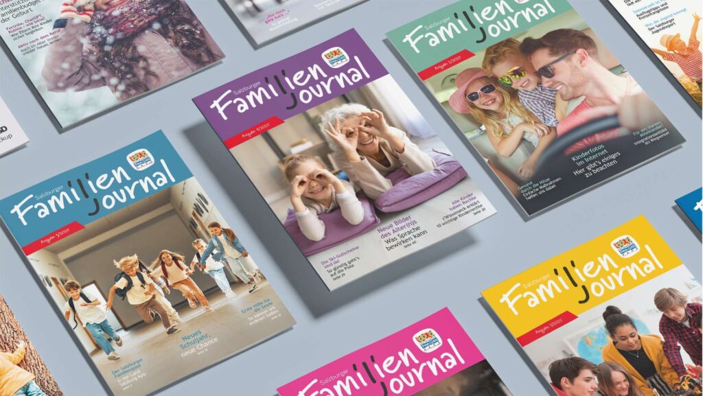 Das Bild zeigt mehrere Ausgaben des "Family Life Journal" mit verschiedenen Covern. Die Magazine enthalten Fotos von Familien und Gruppen, die verschiedene Aktivitäten darstellen. Die Titel sind in verschiedenen Farben gehalten und zeigen unterschiedliche Themen.