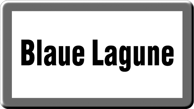 Das Bild zeigt ein weißes Rechteck mit einem blauen Rahmen und der Aufschrift "Blaue Lagune" in blauer Schrift.