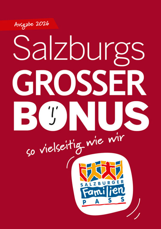 Das Bild wirbt für den "Salzburgs Grosser Bonus" der Salzburger Familienkarte. Es zeigt ein rotes Herz mit weißer Schrift und ein Familien-Symbol, das Rabatte und Vergünstigungen für Familien anbietet.