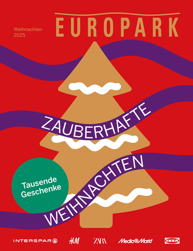 Plakat für den Europa-Park Weihnachtsmarkt 2019 mit dem Motto "Zauberhafte Weihnachten". Es zeigt ein stilisiertes Schneeflocken-Logo und den Text in Deutsch. Der Park bewirbt tausende Geschichten und magische Weihnachtsnächte.