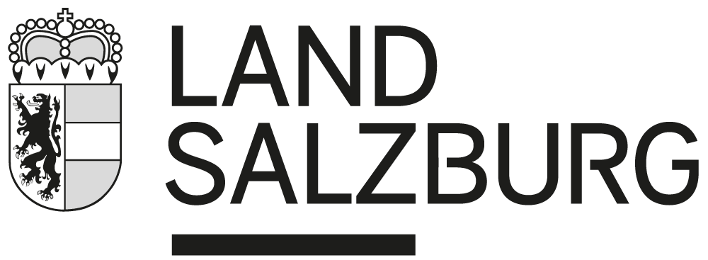 Logo des Landes Salzburg: Ein stilisierter Adler mit ausgebreiteten Schwingen über einem stilisierten Berg. Darunter steht in Großbuchstaben "LAND SALZBURG".