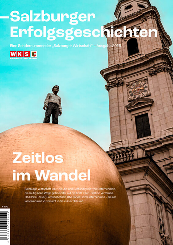 Das Bild zeigt das Cover der Zeitschrift "Salzburger Erfolgsgeschichten" mit dem Titel "Zeitlos im Wandel". Im Vordergrund ist ein Mann mit einem Regenschirm zu sehen, im Hintergrund das Salzburger Rathaus.