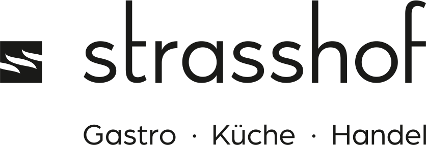 Logo der Firma Strasshof, die im Bereich Gastronomie, Küche und Handel tätig ist. Das Logo besteht aus dem Firmennamen "strasshof" in schwarzer Schrift und einem stilisierten "S" als grafisches Element.