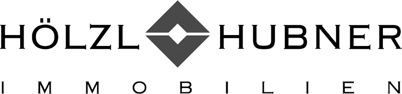Logo der Firma Hölzl Hubner Immobilien mit stilisiertem Haus-Symbol und Schriftzug.